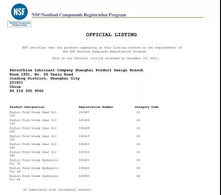 昆仑食品级液压油、齿轮油获得国际认证公司NSF-H1食品级产品注册